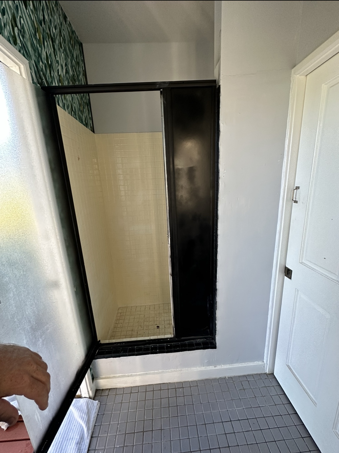 Before bathroom remodel with old shower